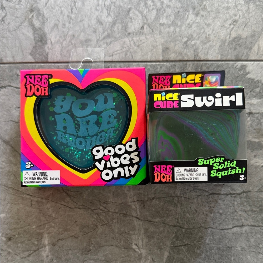 Needoh Good Vibes Only Heart Stress Toy + Swirl Cube - Blue & Green